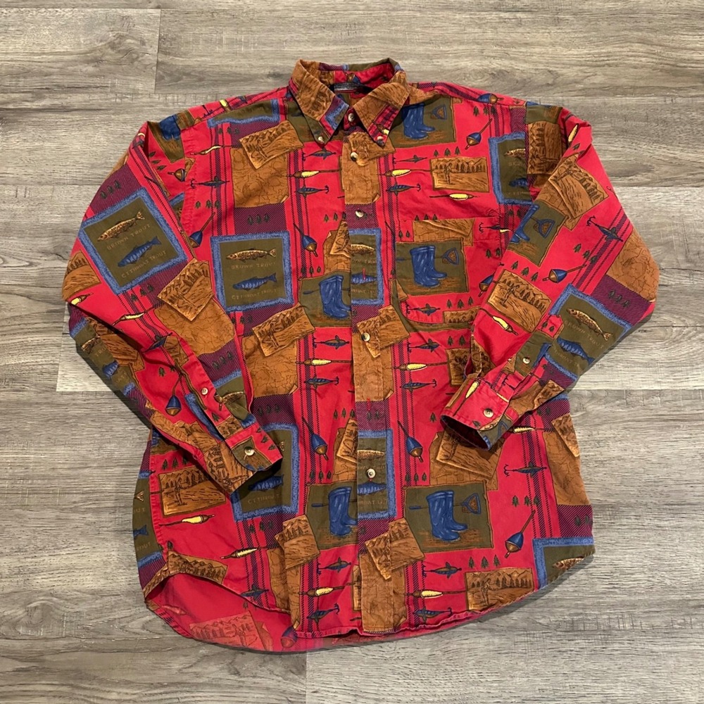 VTG 90s Nautica Fly Fishing Long Sleeve Button Shirt Mens M Red Trout AOP Gorp